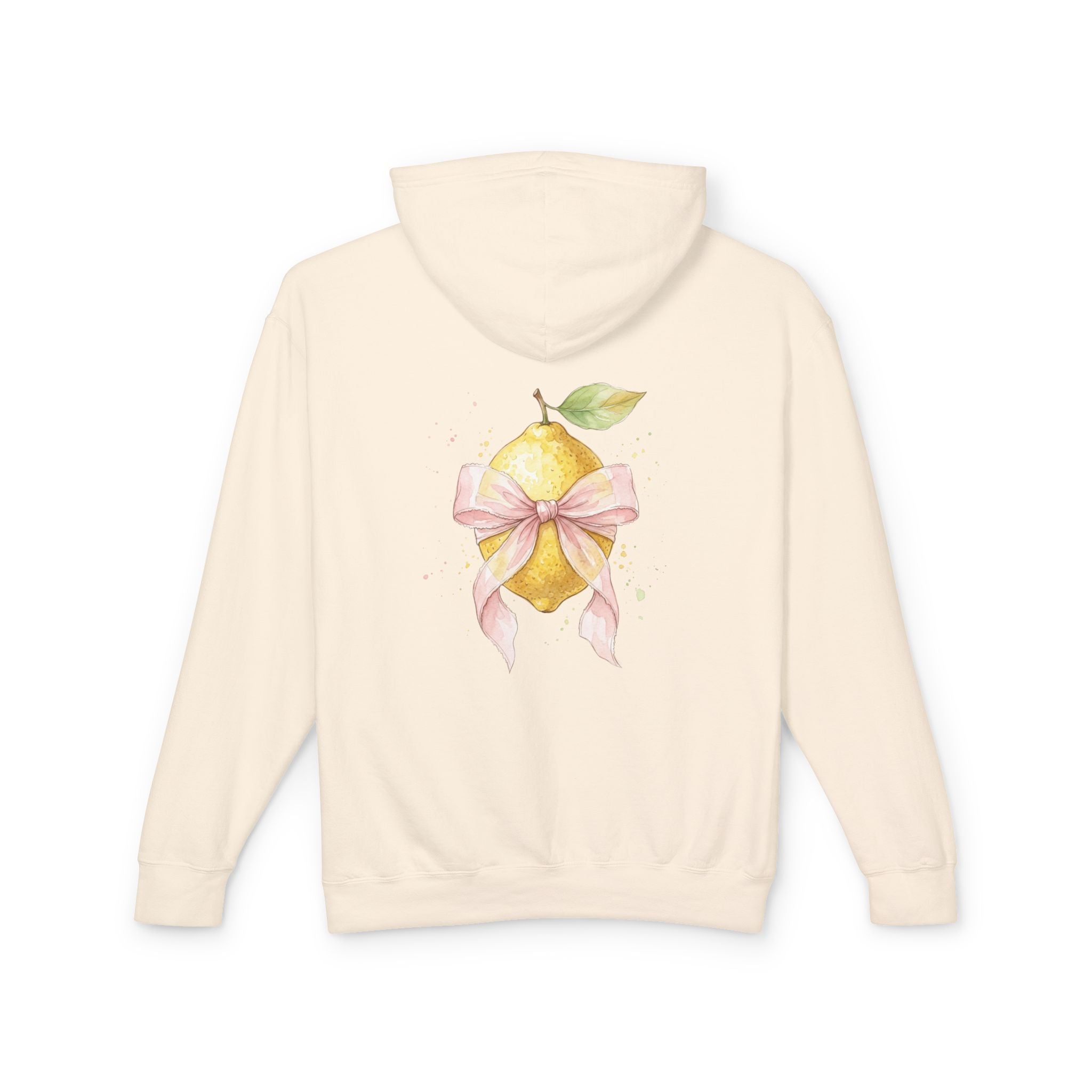 Lemon with Pink Bow Hoodie — Watercolor Fruit Graphic Lightweight Sweatshirt