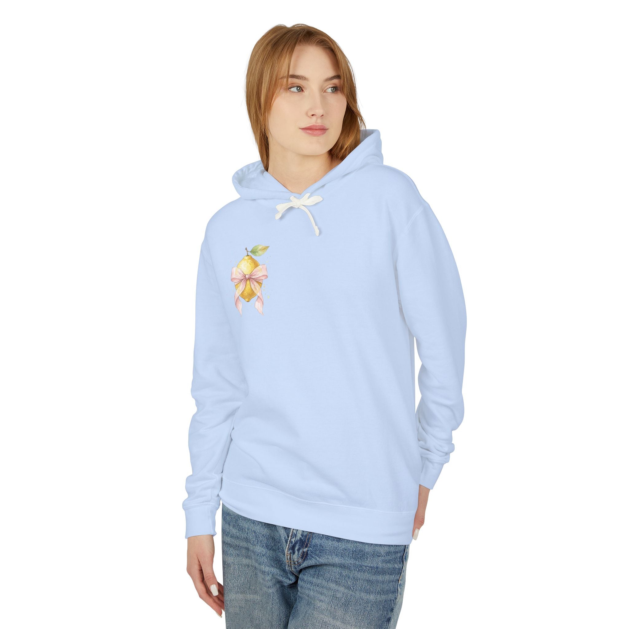 Lemon with Pink Bow Hoodie — Watercolor Fruit Graphic Lightweight Sweatshirt