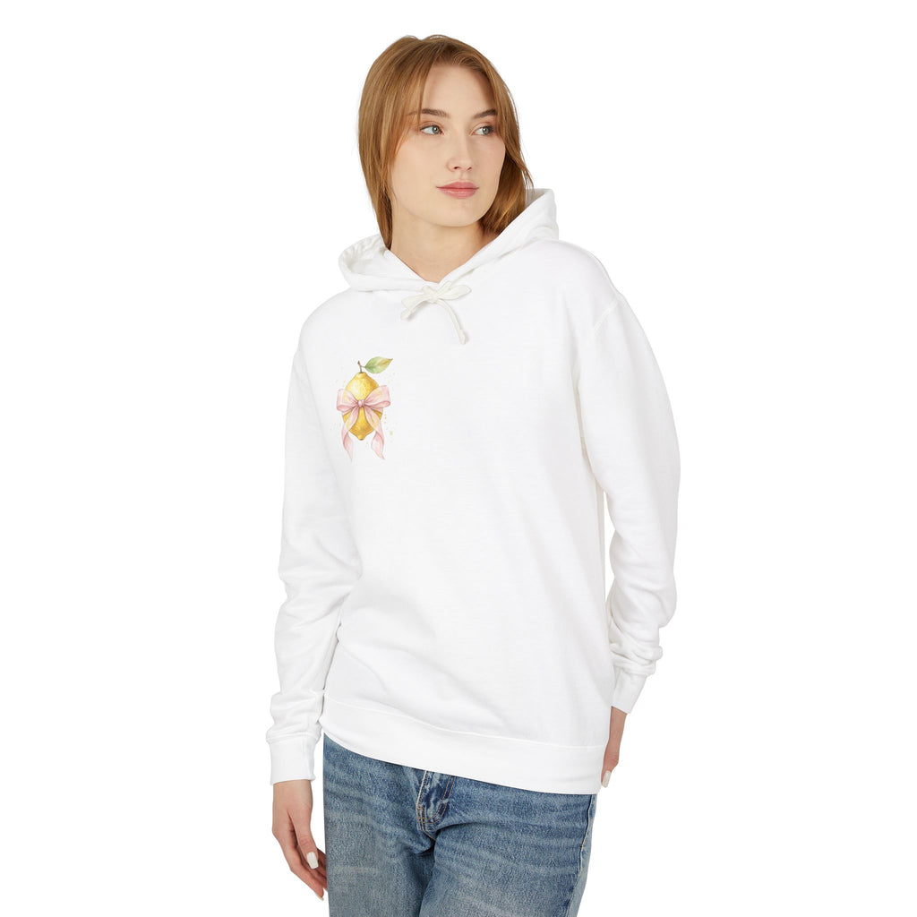 Lemon with Pink Bow Hoodie — Watercolor Fruit Graphic Lightweight Sweatshirt
