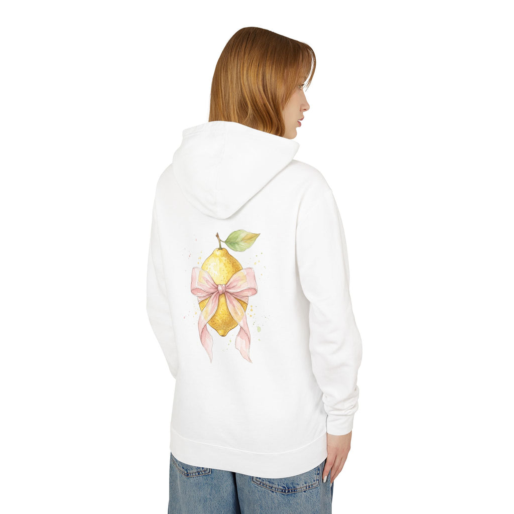 Lemon with Pink Bow Hoodie — Watercolor Fruit Graphic Lightweight Sweatshirt