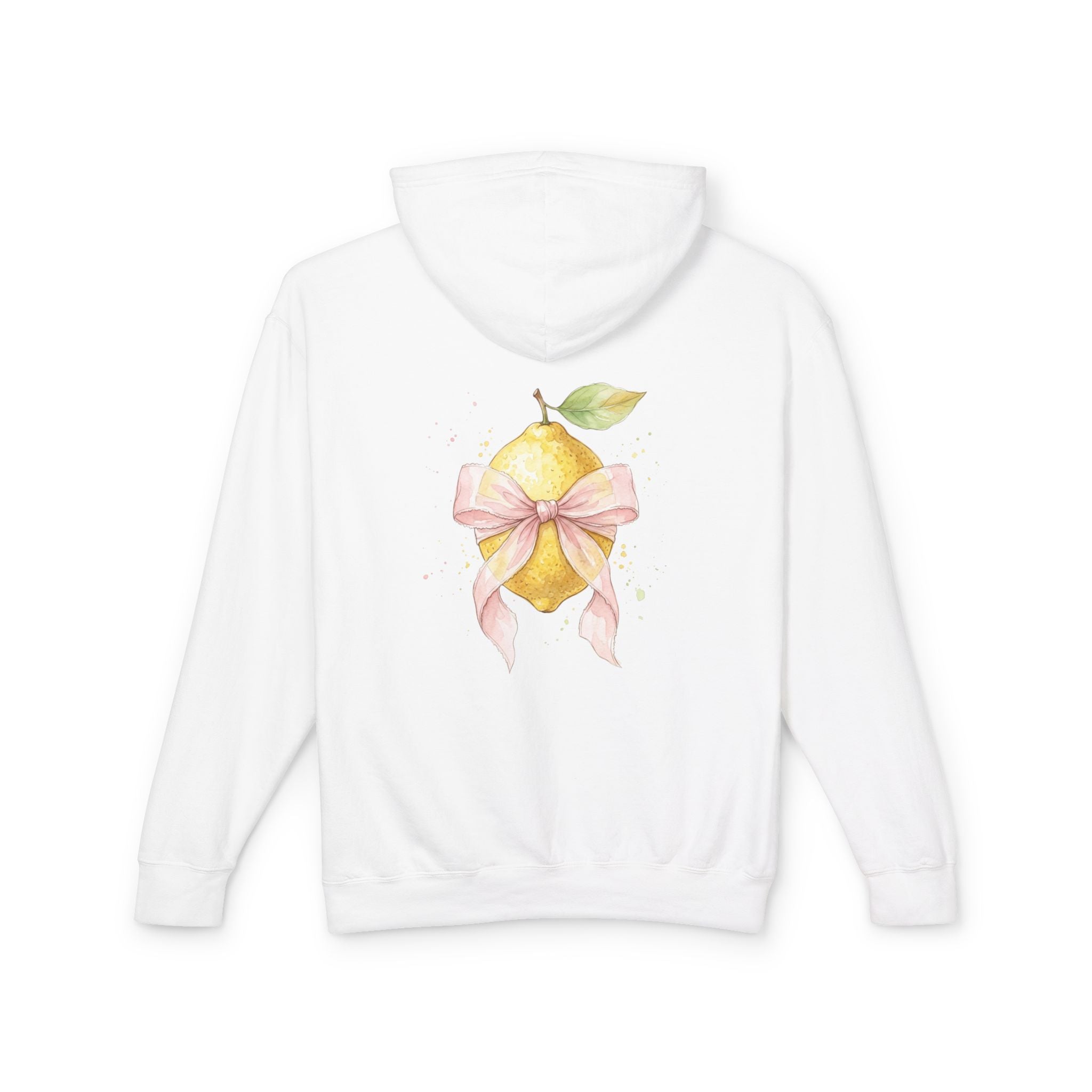 Lemon with Pink Bow Hoodie — Watercolor Fruit Graphic Lightweight Sweatshirt