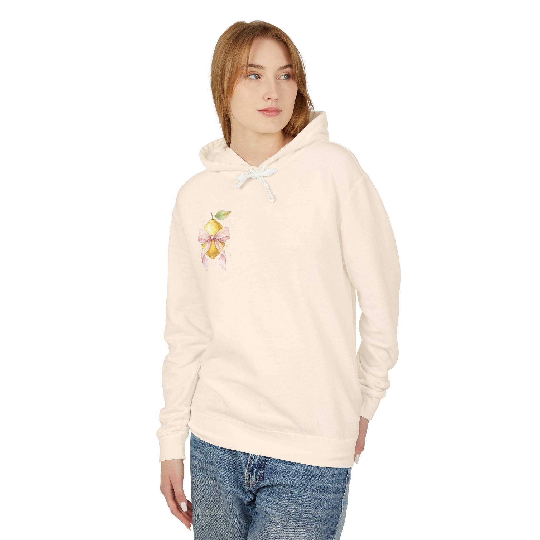 Lemon with Pink Bow Hoodie — Watercolor Fruit Graphic Lightweight Sweatshirt