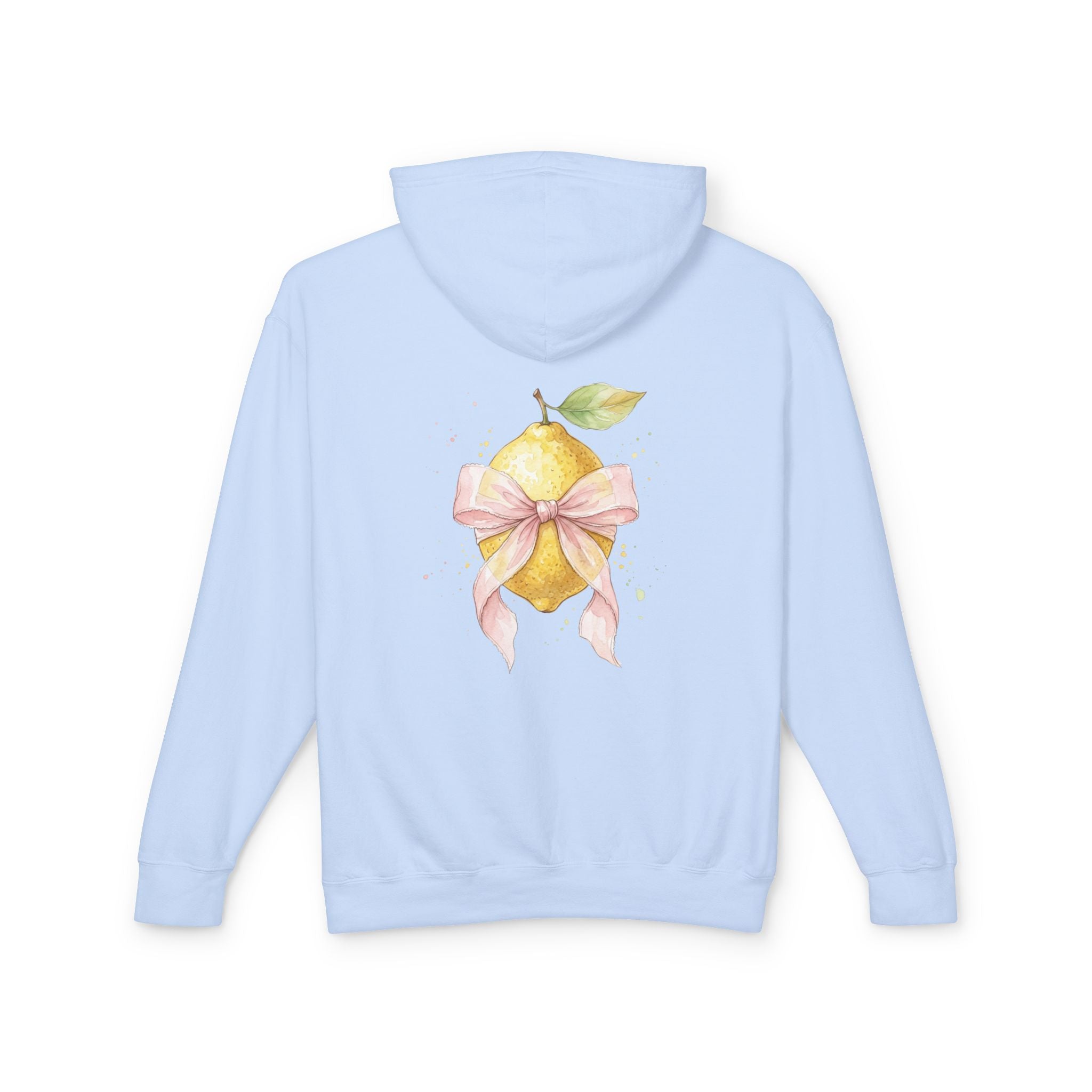 Lemon with Pink Bow Hoodie — Watercolor Fruit Graphic Lightweight Sweatshirt