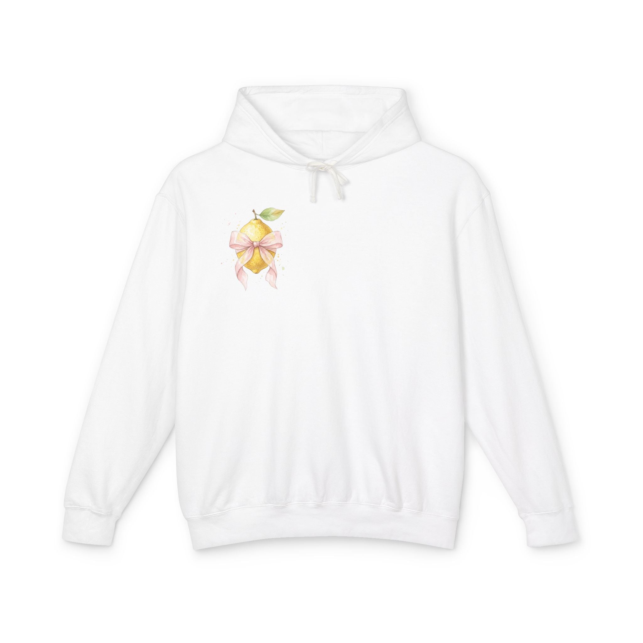 Lemon with Pink Bow Hoodie — Watercolor Fruit Graphic Lightweight Sweatshirt