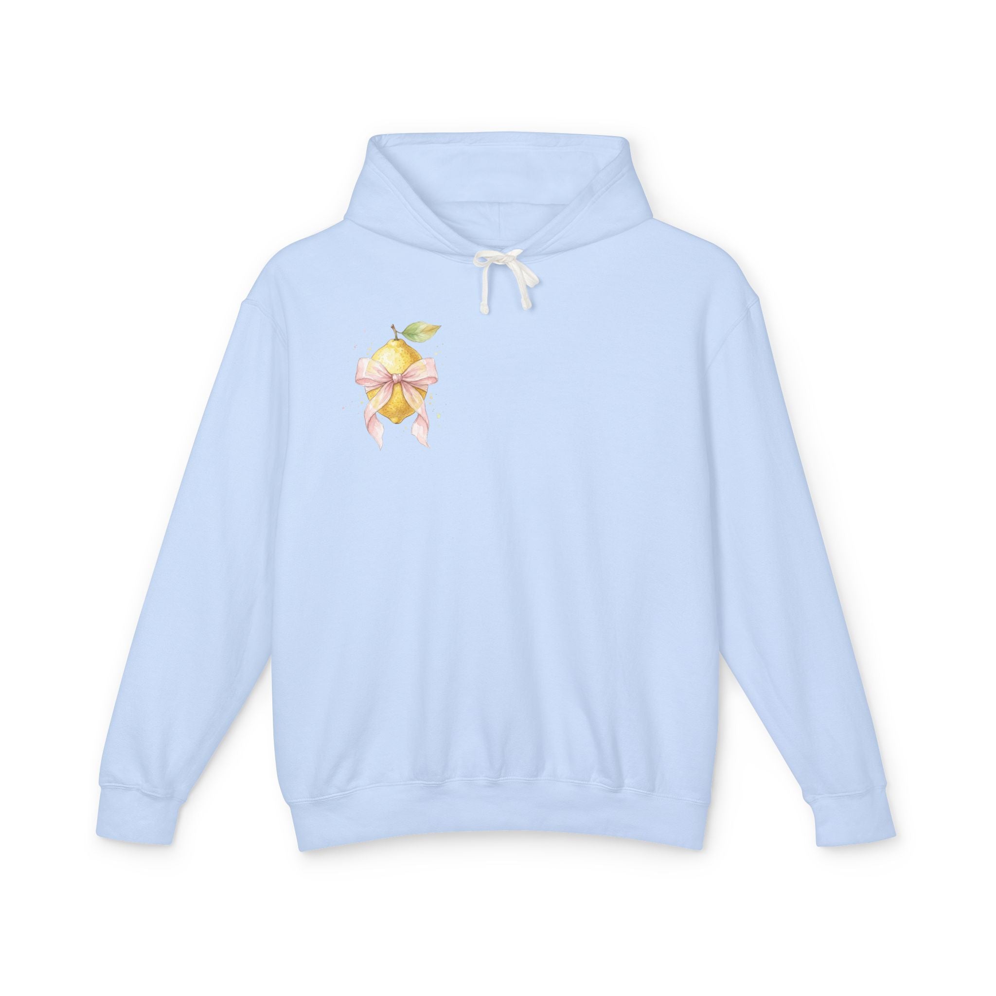 Lemon with Pink Bow Hoodie — Watercolor Fruit Graphic Lightweight Sweatshirt