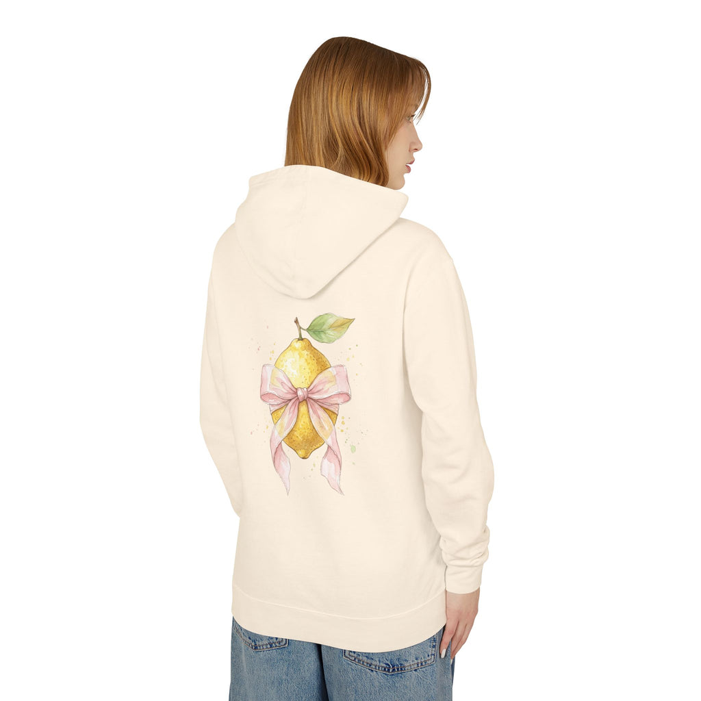 Lemon with Pink Bow Hoodie — Watercolor Fruit Graphic Lightweight Sweatshirt