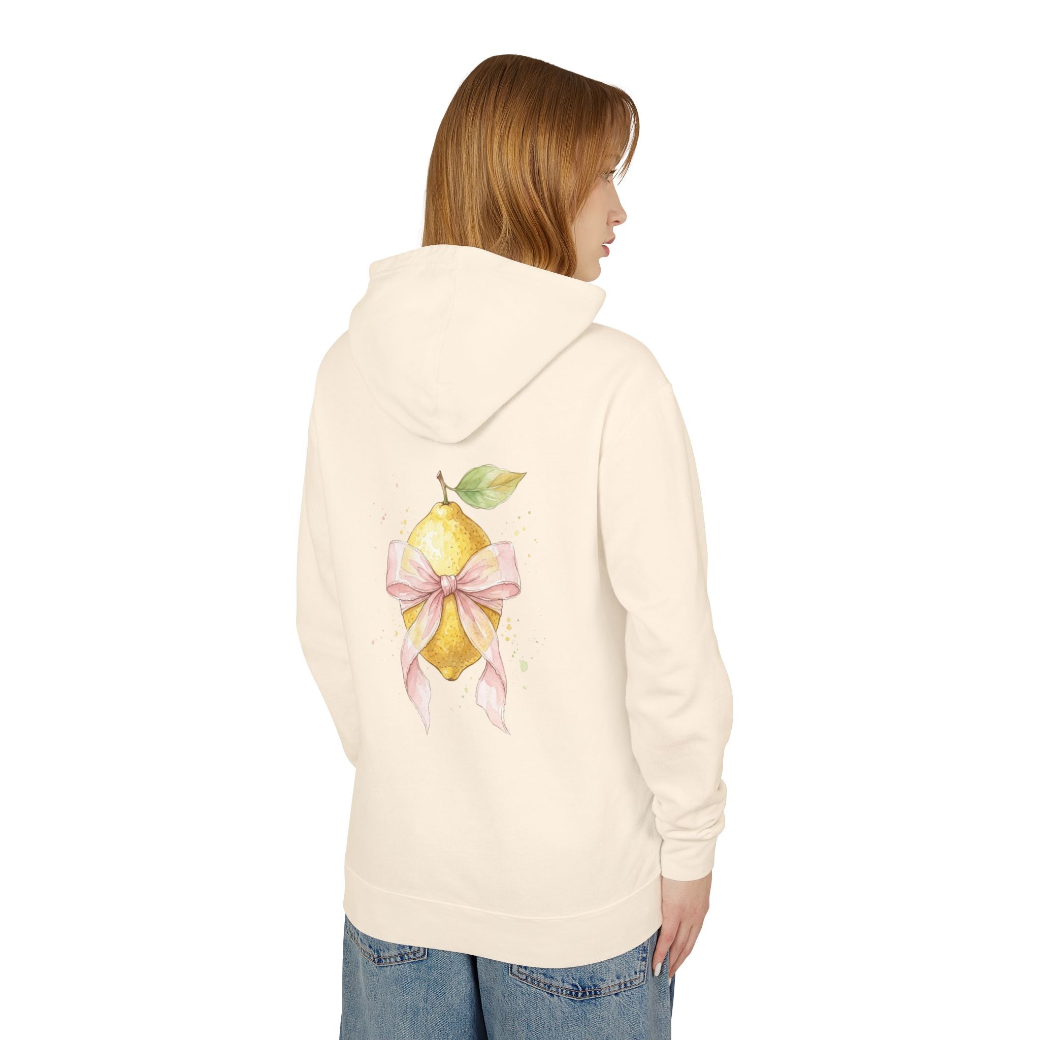 Lemon with Pink Bow Hoodie — Watercolor Fruit Graphic Lightweight Sweatshirt