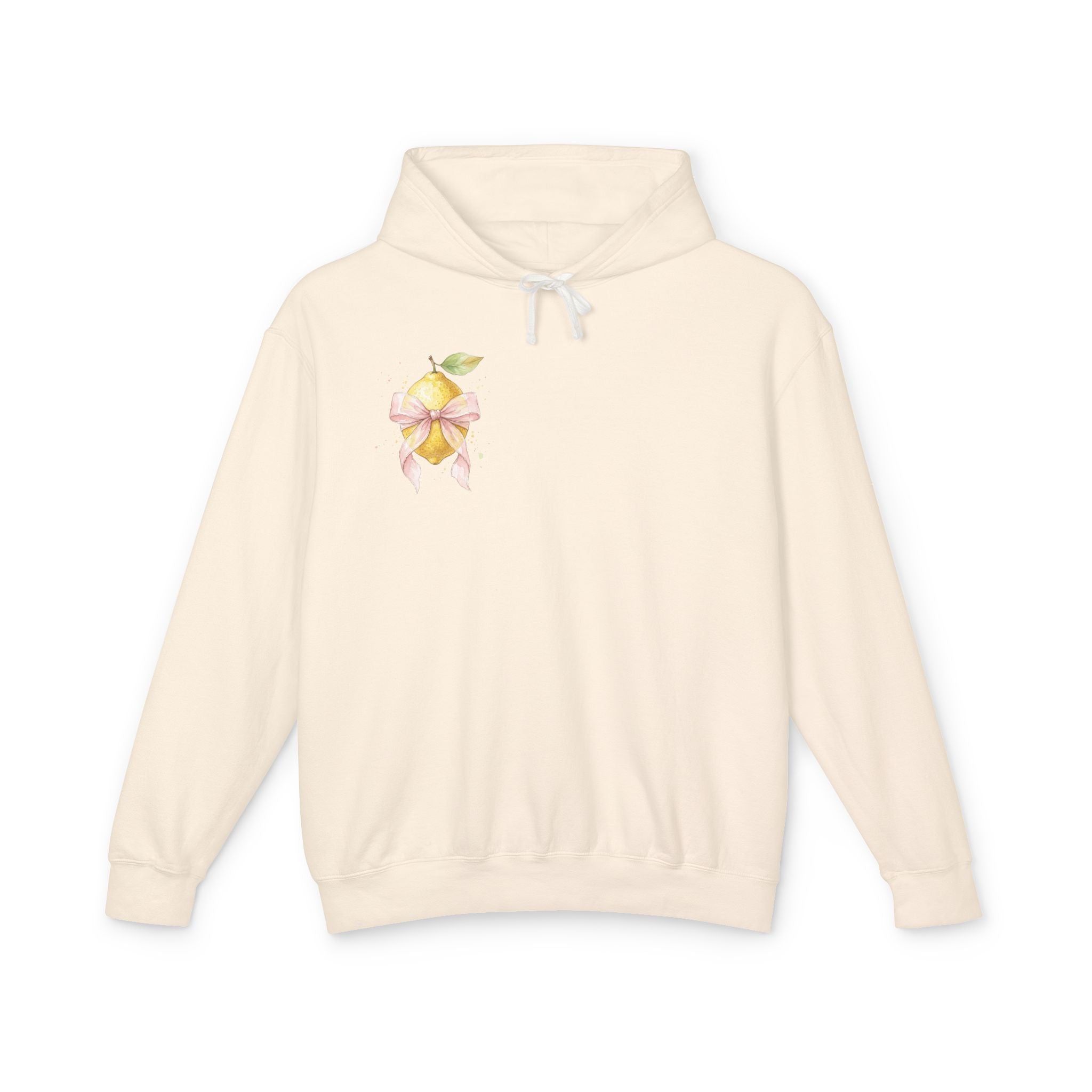 Lemon with Pink Bow Hoodie — Watercolor Fruit Graphic Lightweight Sweatshirt