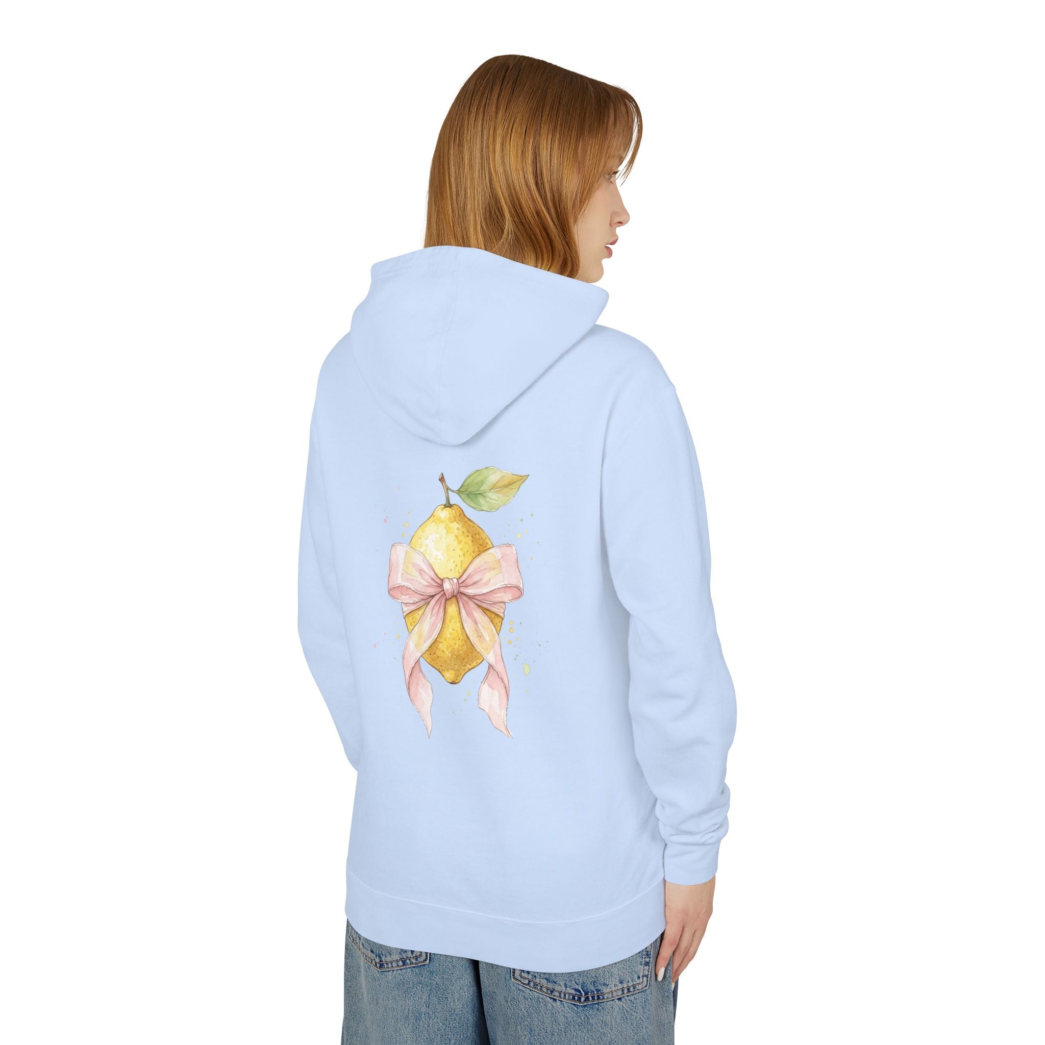 Lemon with Pink Bow Hoodie — Watercolor Fruit Graphic Lightweight Sweatshirt